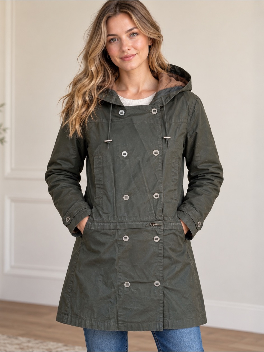 Sitka Womens Waxed Waterproof Convertible Hooded Coat Olive Green Zip Off Hem